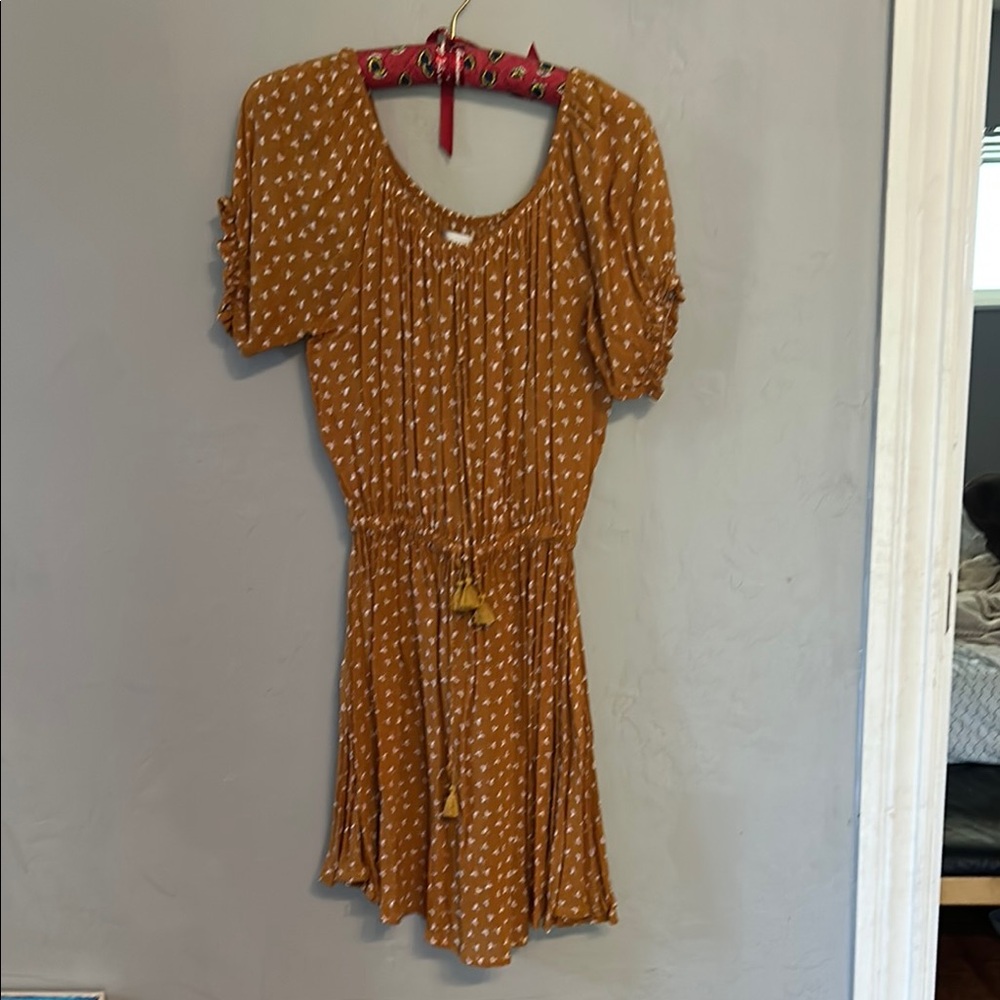 Faithfull the Brand Tan Dress with White Floral Pattern